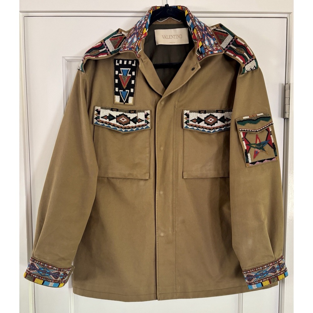 Valentino Native Couture Beaded Embroidered Military Jacket Green IT 44, Rare